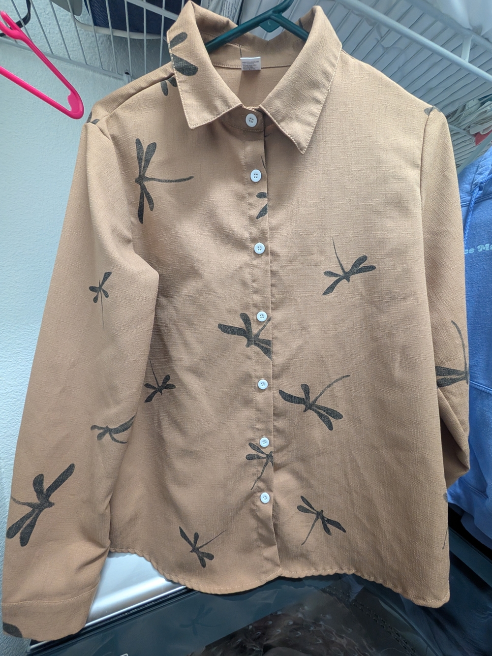 Womens Tan Dragonfly Print Button-Front Shirt